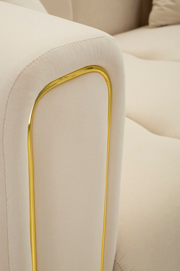 Samt Sofa Alma Crema 155 cm mit Kissen und Goldfüßen