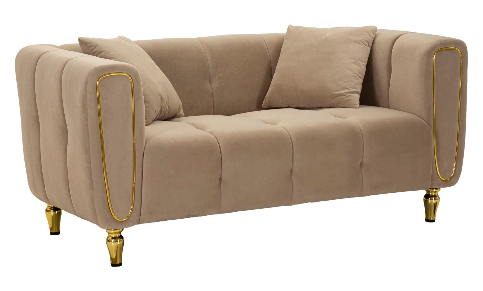 Samt Sofa Alma Grigio 155 cm mit Kissen und Goldfüßen
