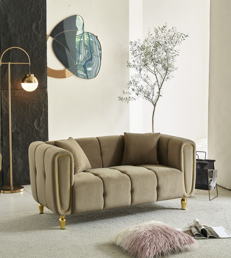 Samt Sofa Alma Grigio 155 cm mit Kissen und Goldfüßen