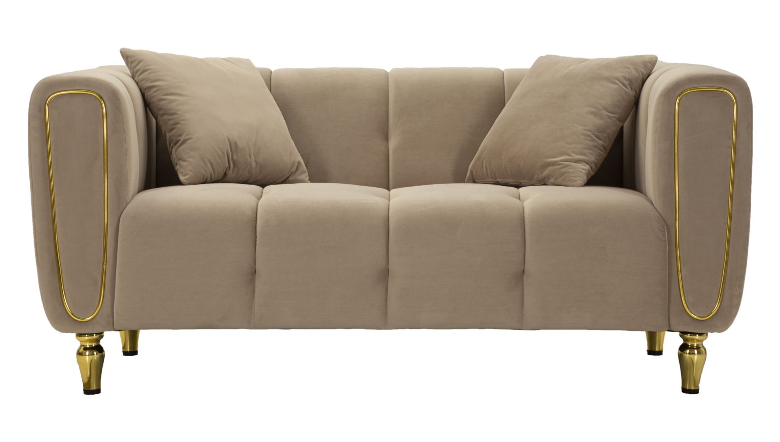 Samt Sofa Alma Grigio 155 cm mit Kissen und Goldfüßen
