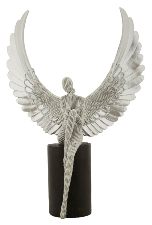 Skulptur Angel Serenity – Sitzender Engel mit Flügeln in Silber 34cm