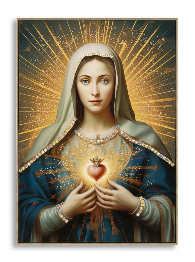 Madonna Aurelia Wandbild 72x102 cm mit Kristallsteinen und Heiligem Herz auf Leinwand