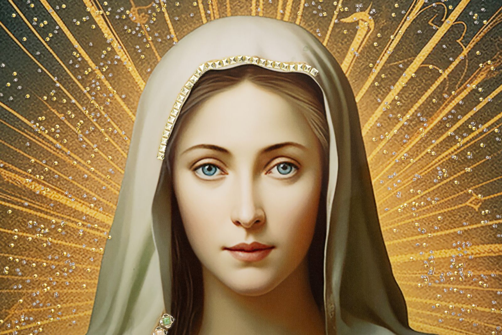 Madonna Aurelia Wandbild 72x102 cm mit Kristallsteinen und Heiligem Herz auf Leinwand