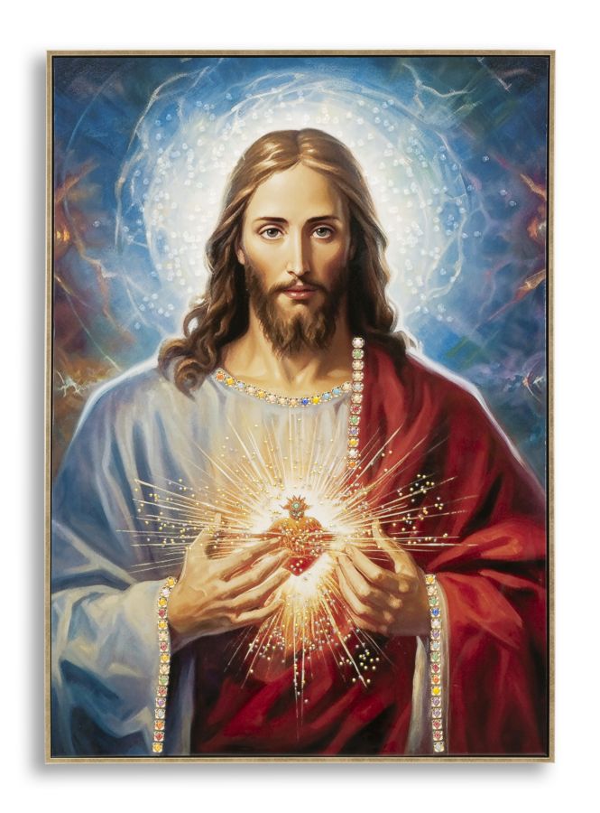 Jesus Salvator Wandbild 72x102 cm mit Kristallsteinen und Heiligem Herz auf Leinwand