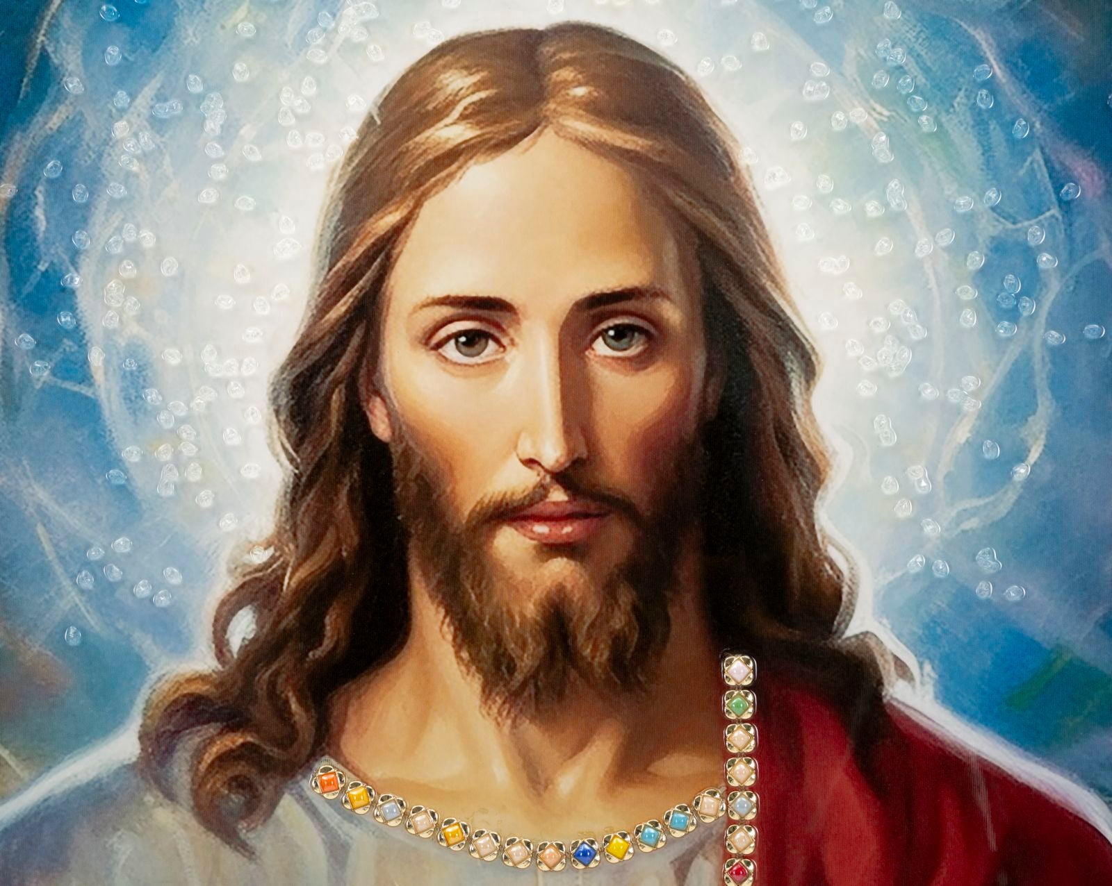 Jesus Salvator Wandbild 72x102 cm mit Kristallsteinen und Heiligem Herz auf Leinwand