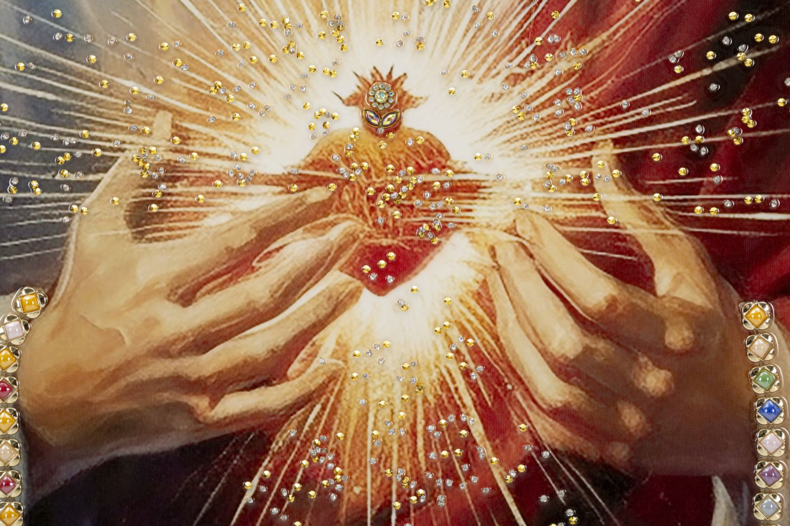 Jesus Salvator Wandbild 72x102 cm mit Kristallsteinen und Heiligem Herz auf Leinwand