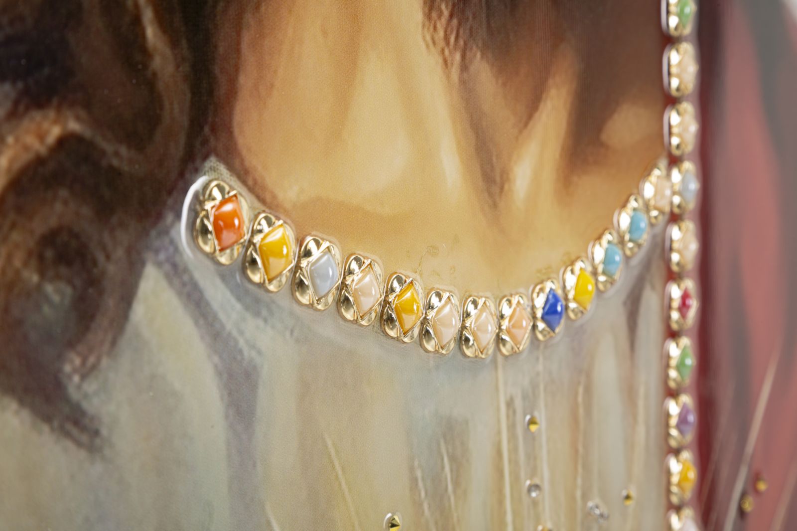 Jesus Salvator Wandbild 72x102 cm mit Kristallsteinen und Heiligem Herz auf Leinwand