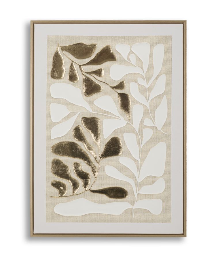 Goldy Wandbild auf Leinwand mit Rahmen – Elegante Blätteroptik 50x70 cm