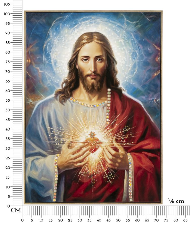 Jesus Salvator Wandbild 72x102 cm mit Kristallsteinen und Heiligem Herz auf Leinwand