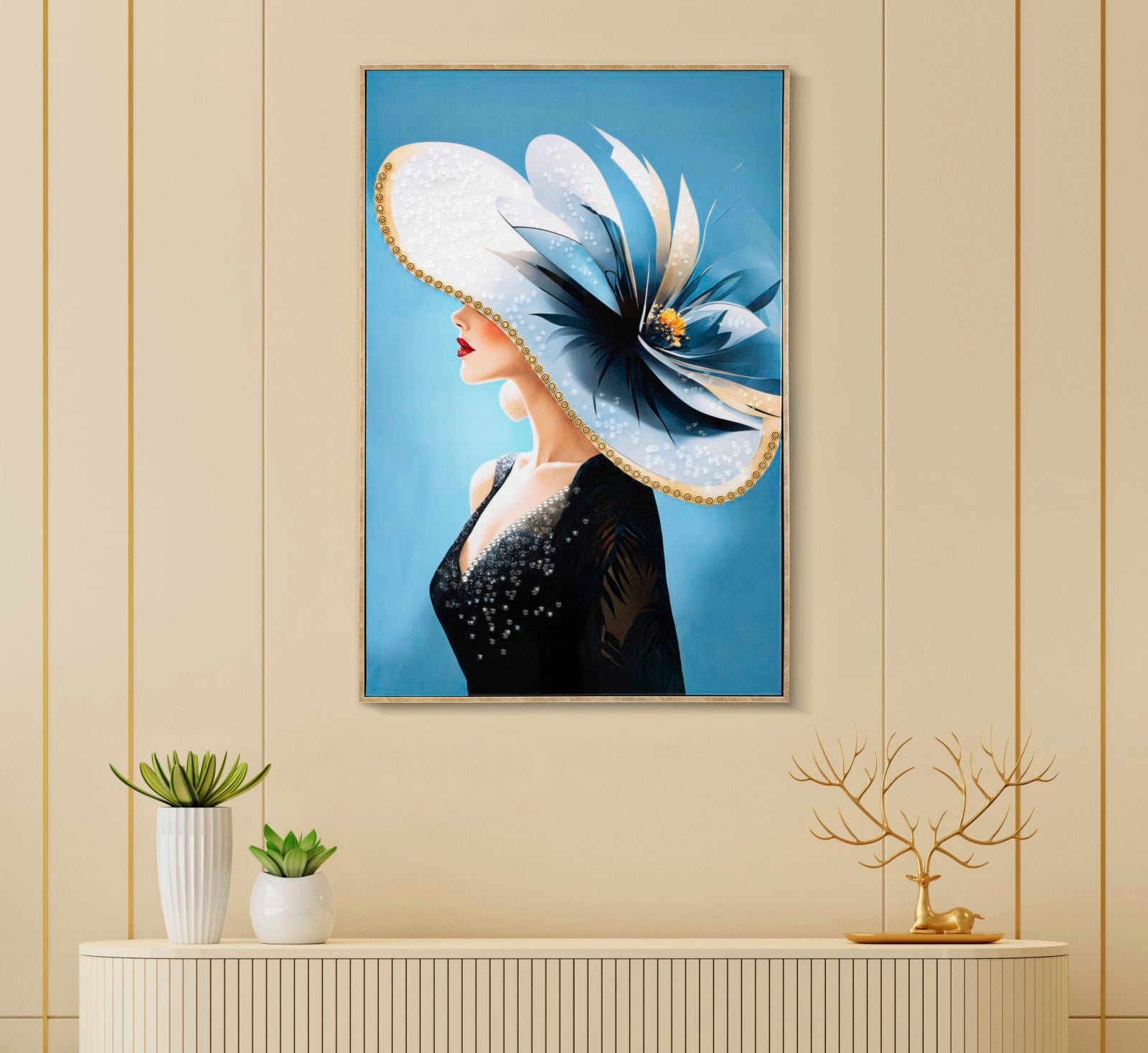 Dori Eleganza Wandbild 62x92 cm – Damenporträt mit großem Hut auf Leinwand im Glamour Stil