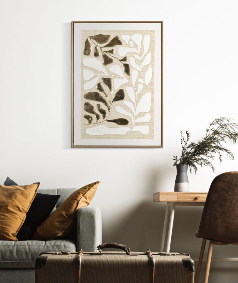Goldy Wandbild auf Leinwand mit Rahmen – Elegante Blätteroptik 50x70 cm