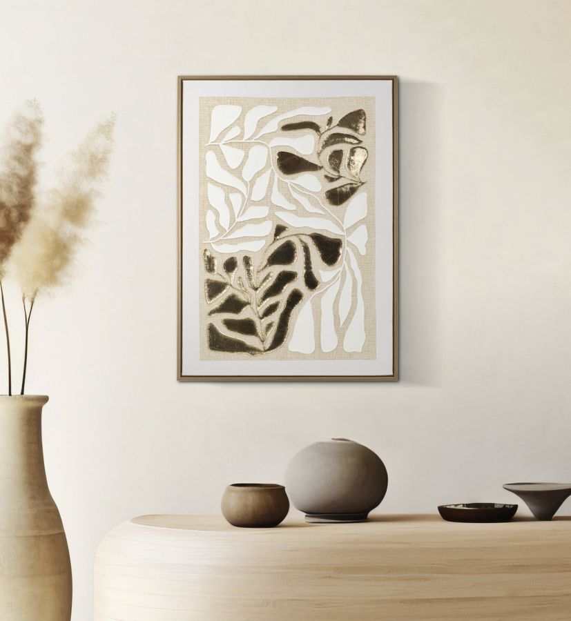 Goldy Wandbild auf Leinwand mit Rahmen – Glänzende Blätteroptik 50x70 cm