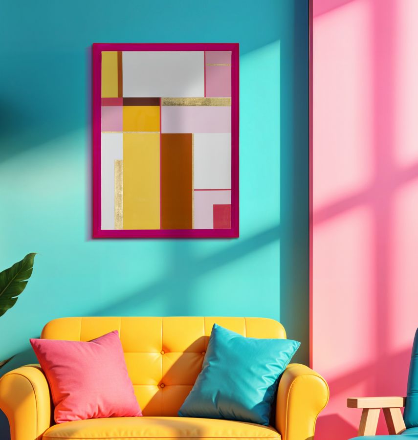 Acryl Wandkunst Laccato Pink mit Rahmen – Geometrisches Leinwandbild 60x80 cm