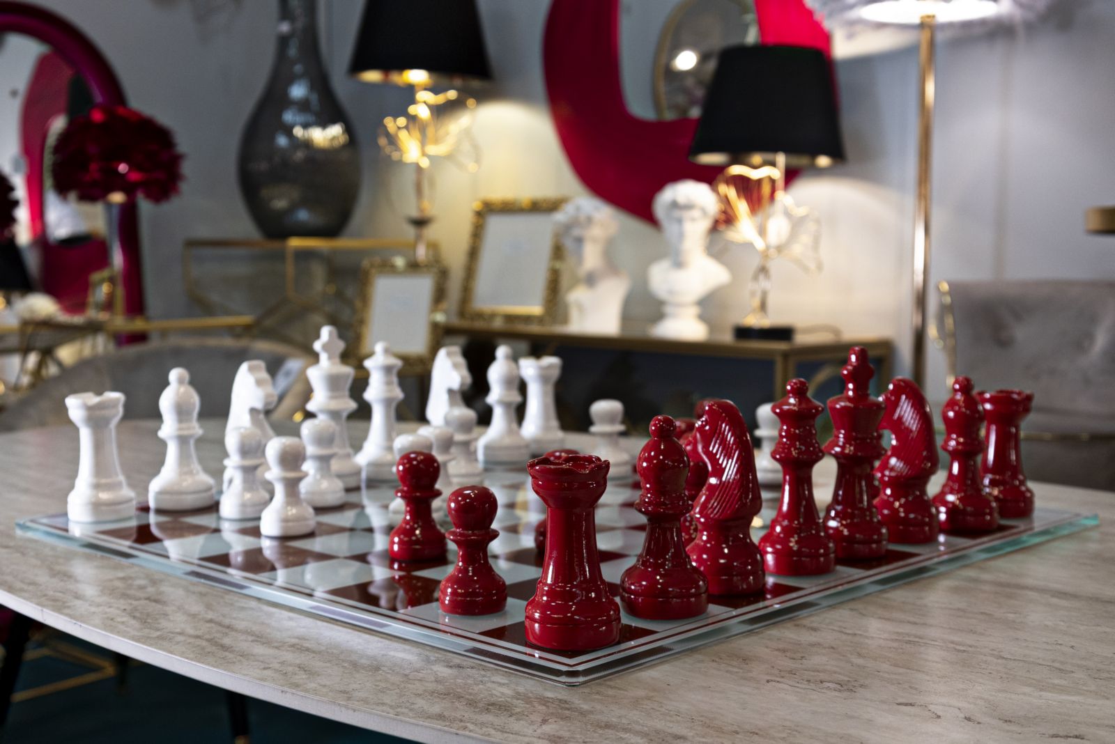 Exklusives Schachspiel Rot Weiß Glas 61x61 cm