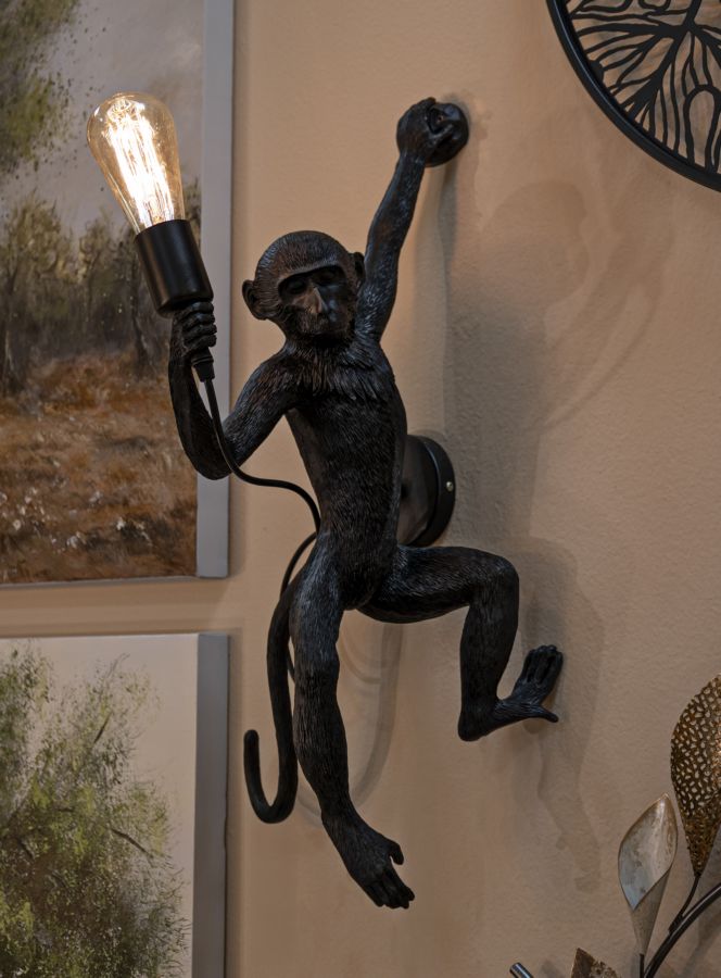 Wandleuchte Monkey Schwarz 64cm Affenfigur Lampe Aus Kunstharz Wandlampe