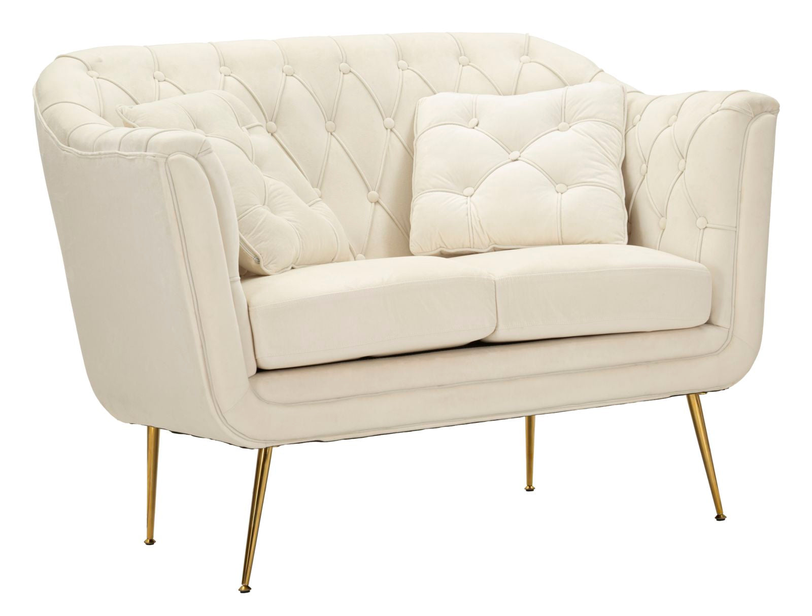 Samt Sofa Écru Bellezza 130 cm mit Kissen und Goldfüßen