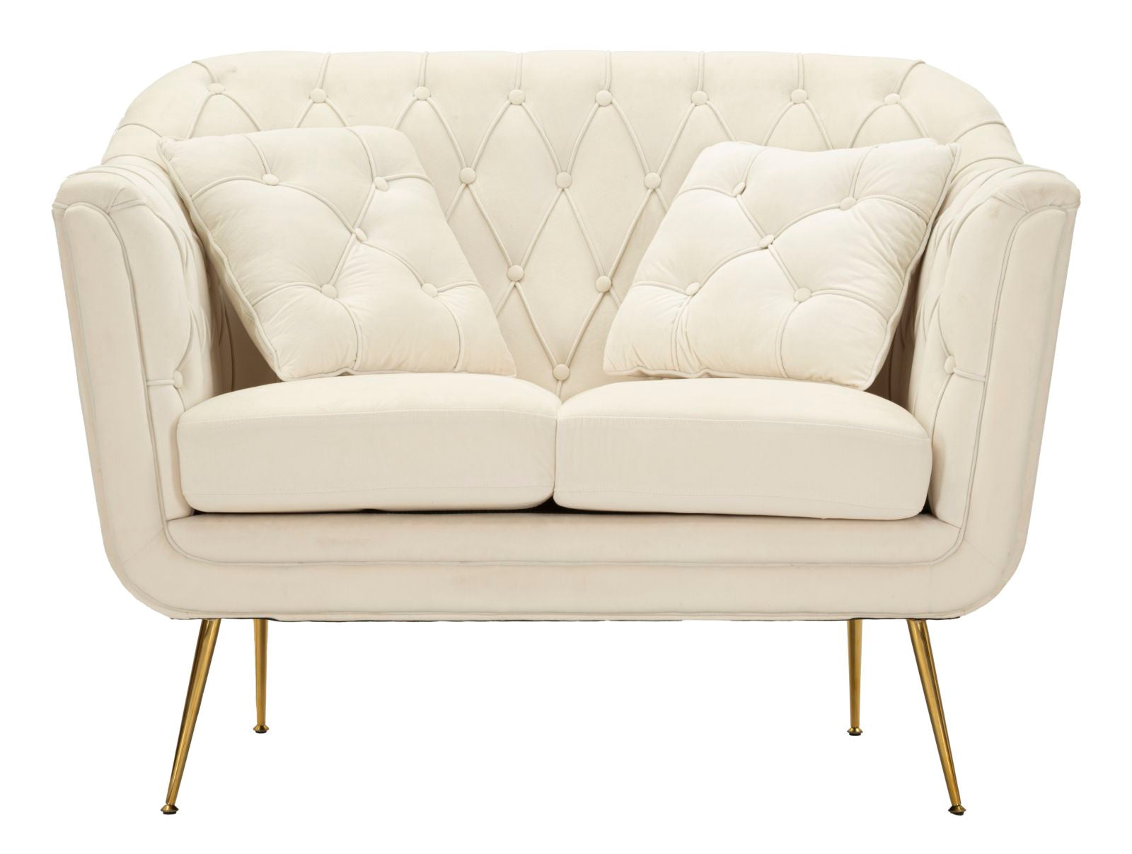 Samt Sofa Écru Bellezza 130 cm mit Kissen und Goldfüßen