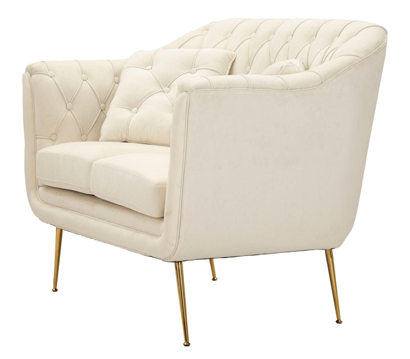 Samt Sofa Écru Bellezza 130 cm mit Kissen und Goldfüßen