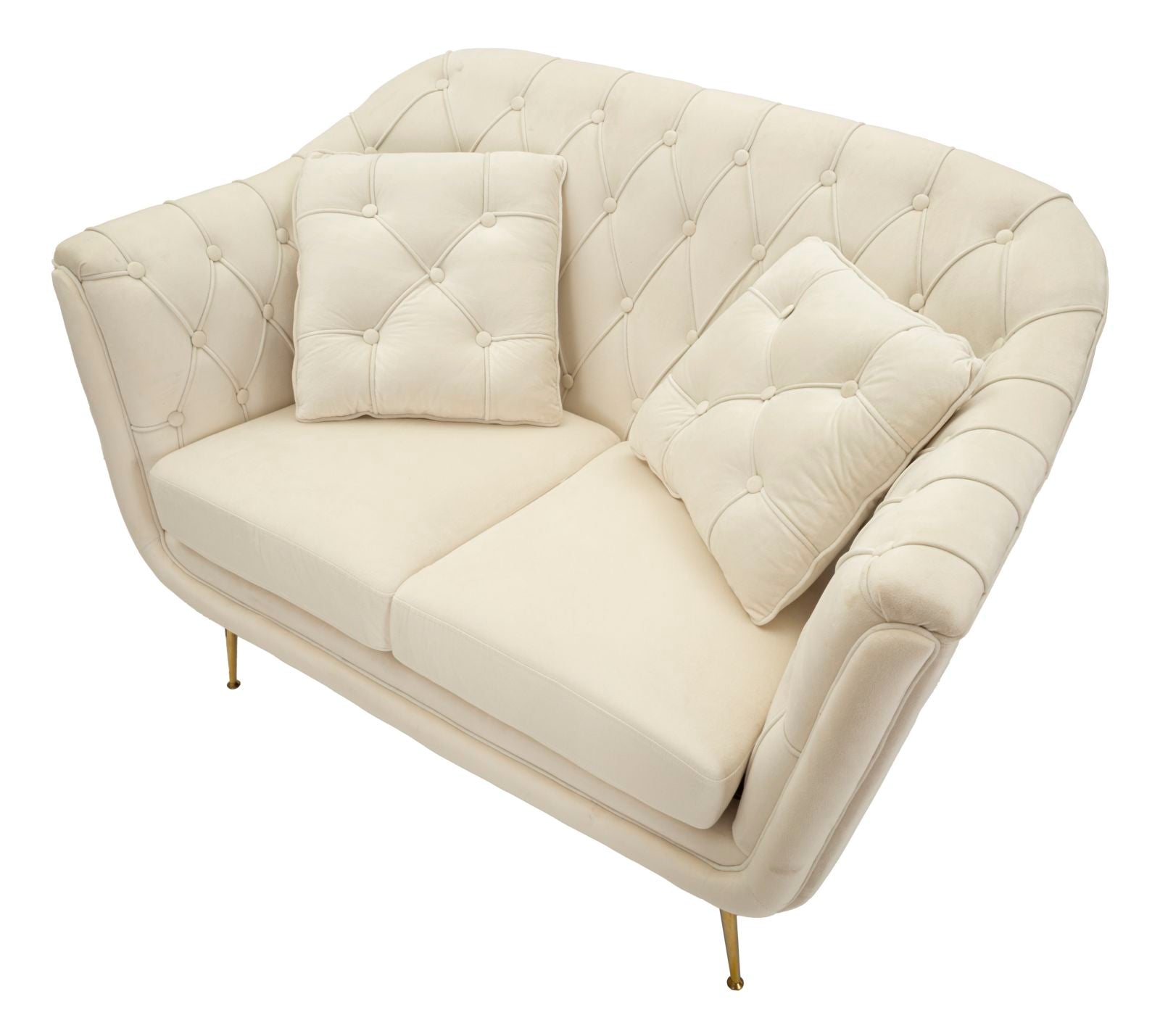 Samt Sofa Écru Bellezza 130 cm mit Kissen und Goldfüßen