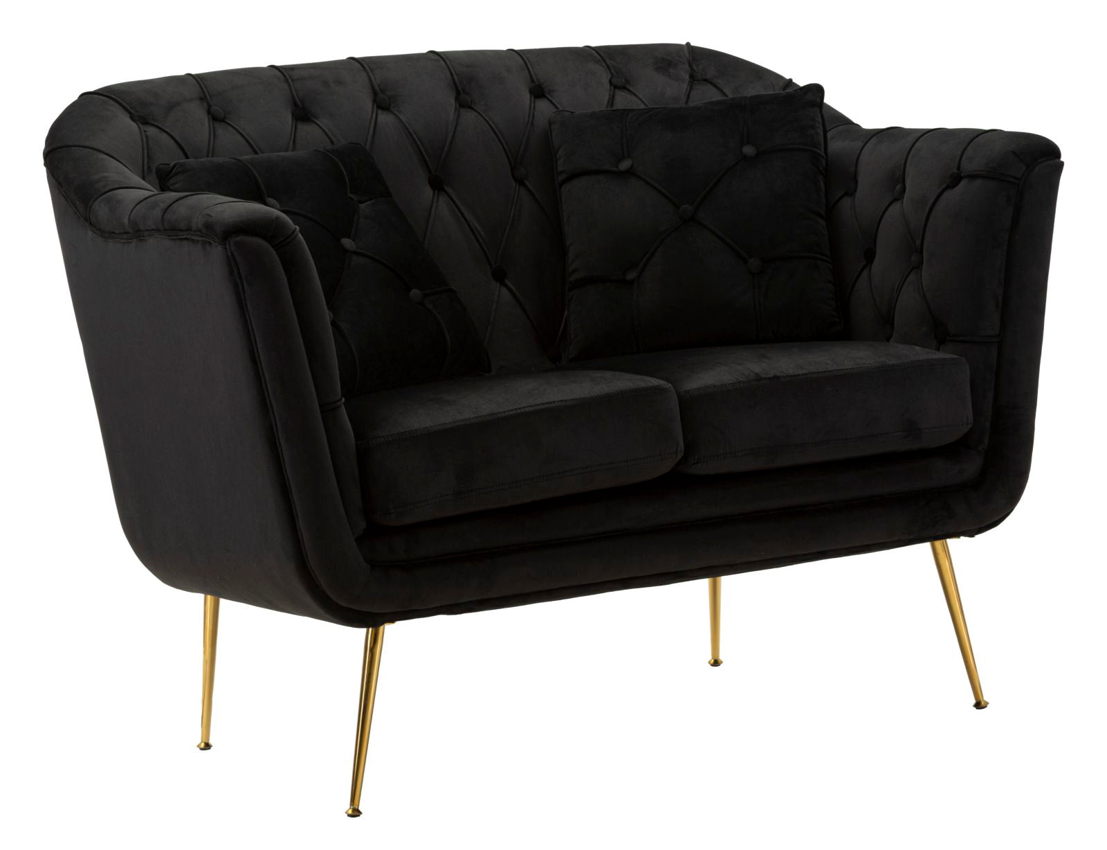 Samt Sofa Noir Bellezza 130 cm mit Kissen und Goldfüßen