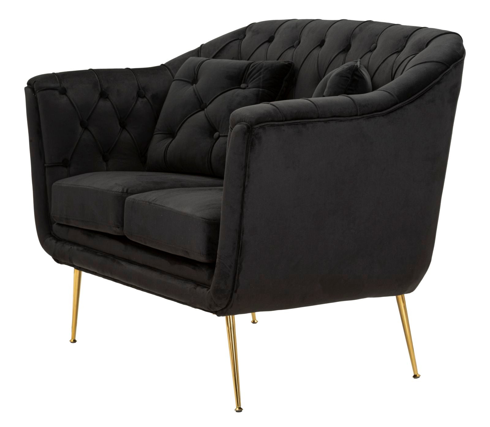 Samt Sofa Noir Bellezza 130 cm mit Kissen und Goldfüßen
