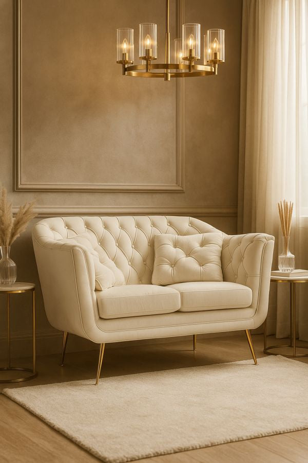 Samt Sofa Écru Bellezza 130 cm mit Kissen und Goldfüßen