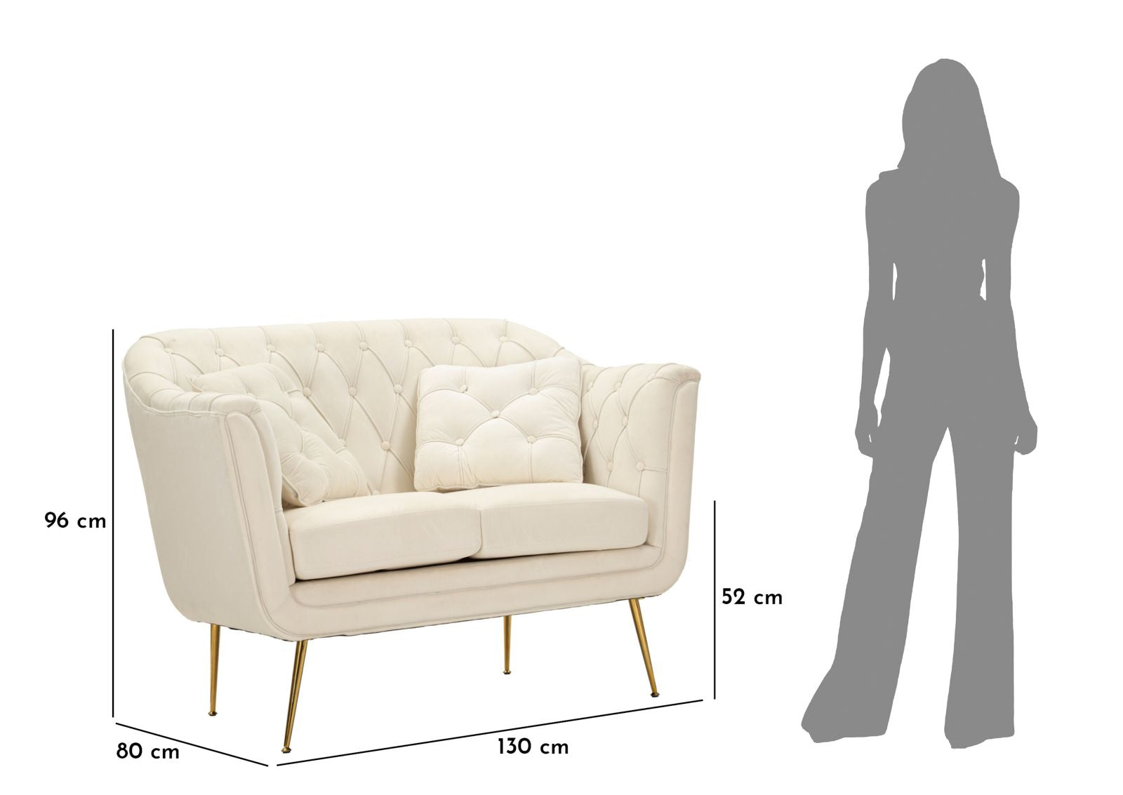 Samt Sofa Écru Bellezza 130 cm mit Kissen und Goldfüßen