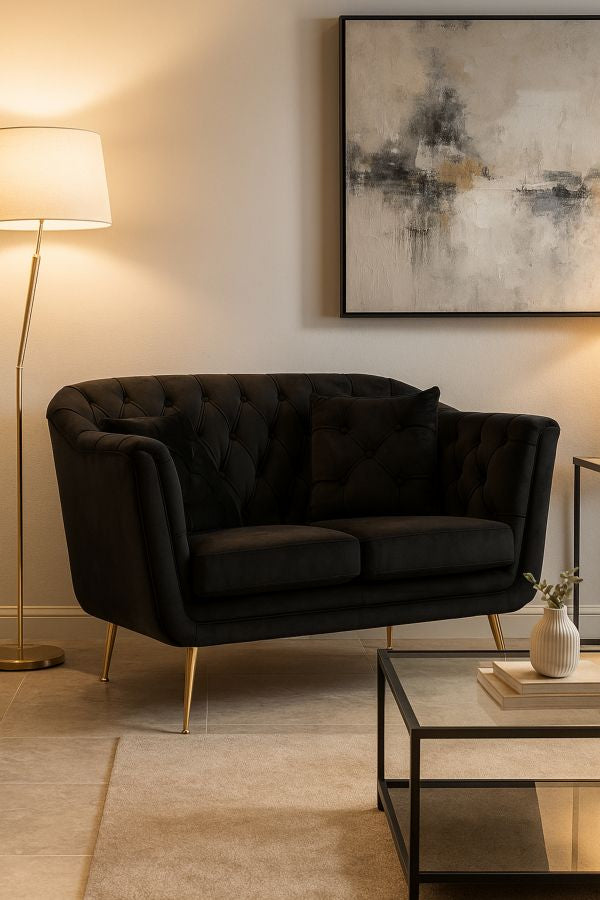 Samt Sofa Noir Bellezza 130 cm mit Kissen und Goldfüßen