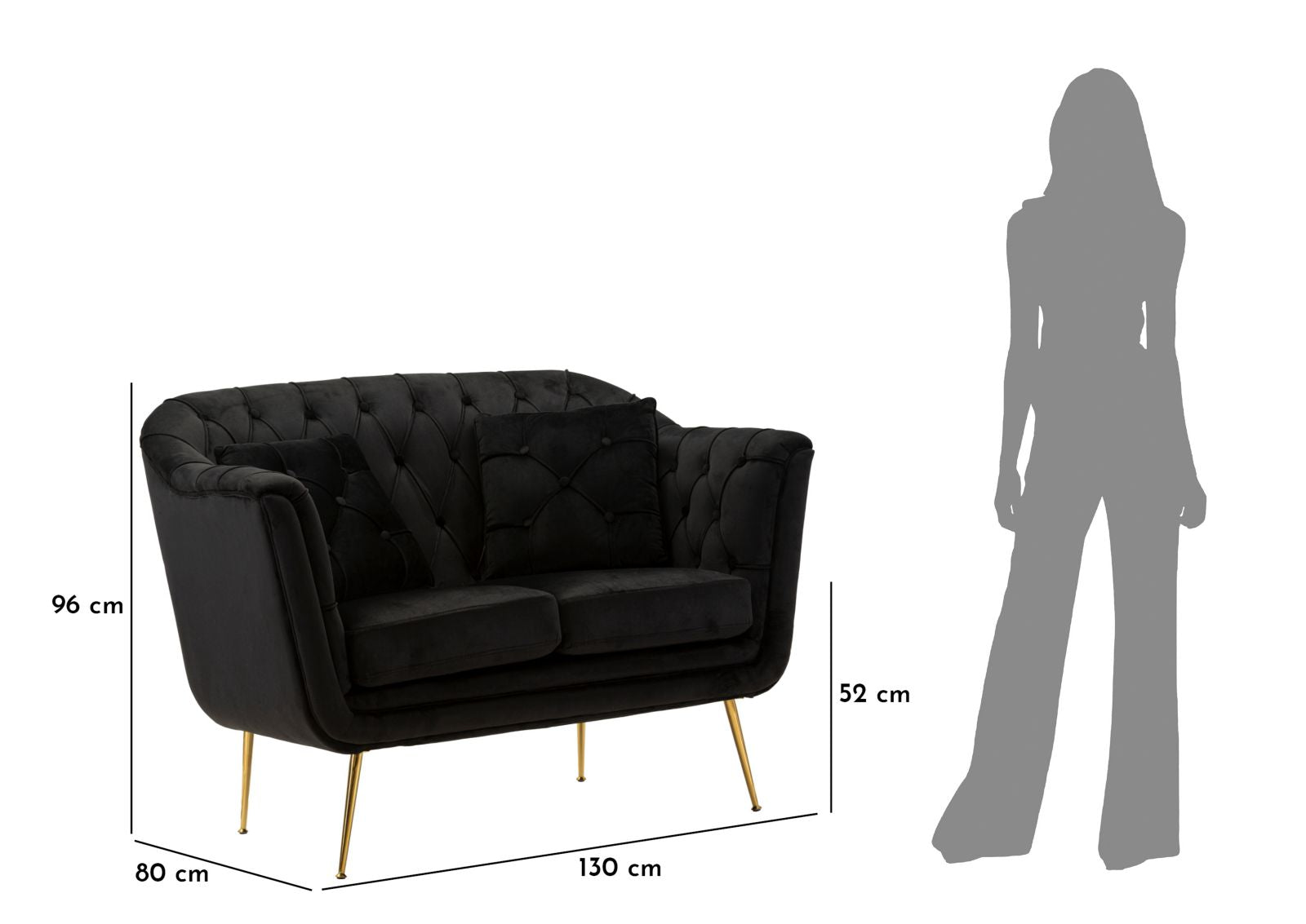 Samt Sofa Noir Bellezza 130 cm mit Kissen und Goldfüßen