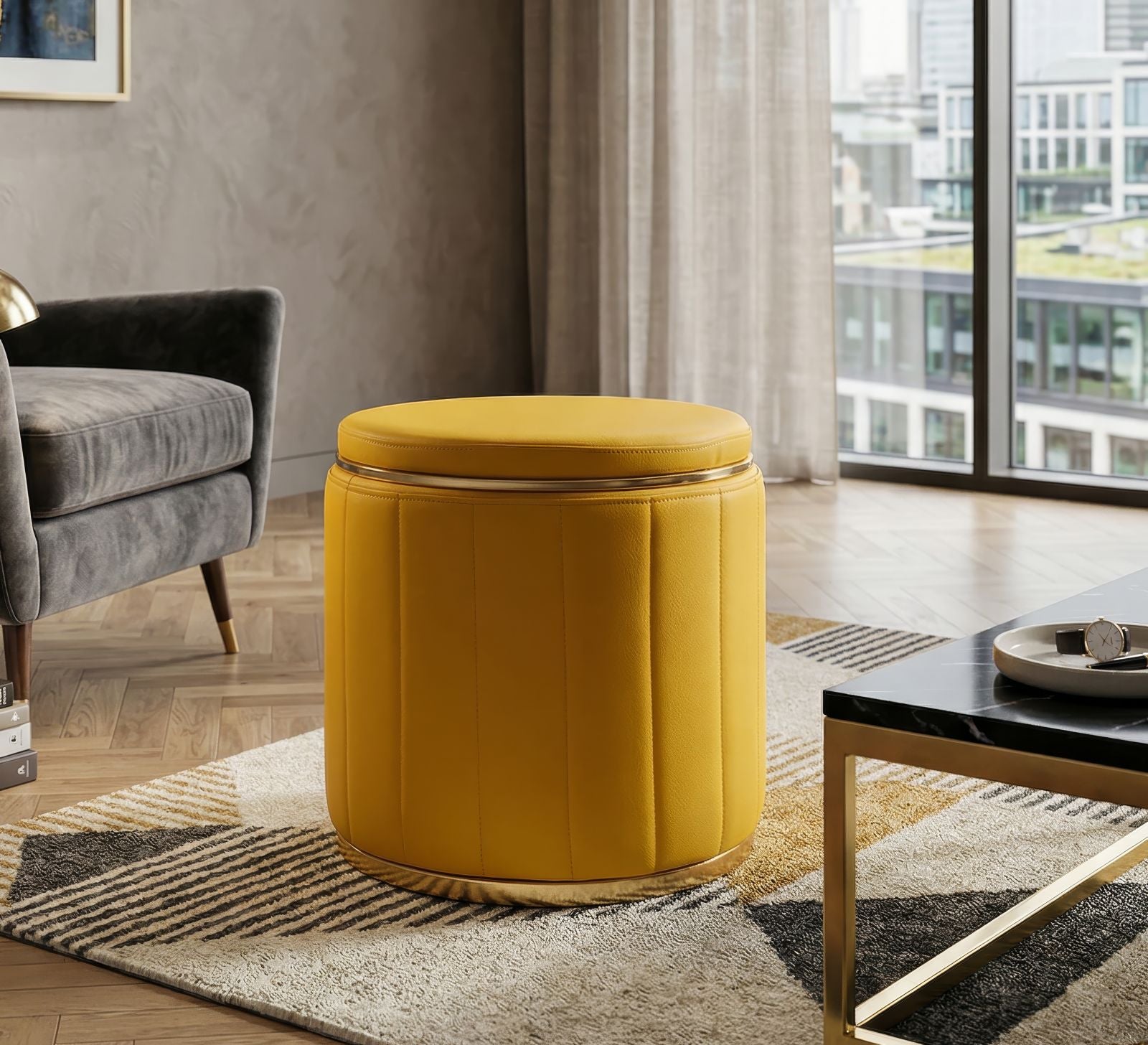 Sitzhocker London Senf mit Stauraum moderner Polsterhocker