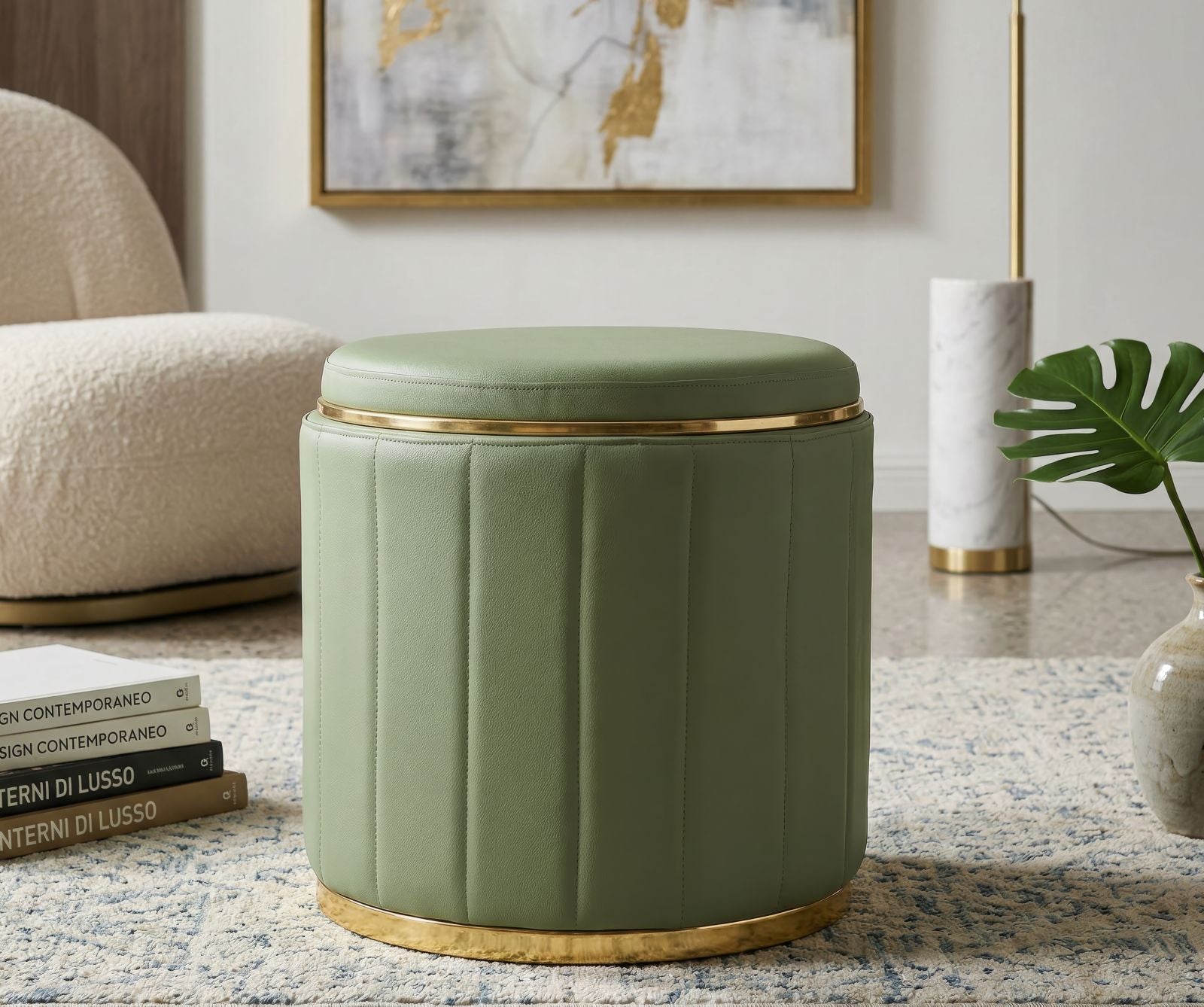 Sitzhocker London Grün mit Stauraum moderner Polsterhocker