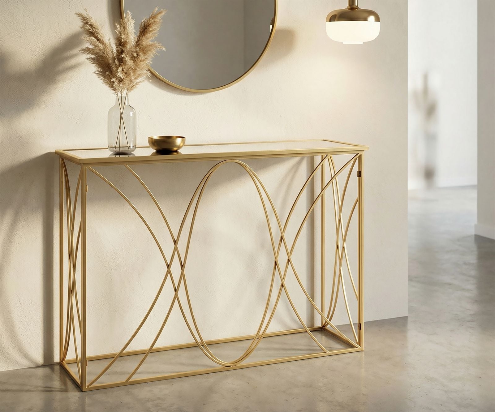 Konsole Arcus Gold Metalltisch mit Glasplatte
