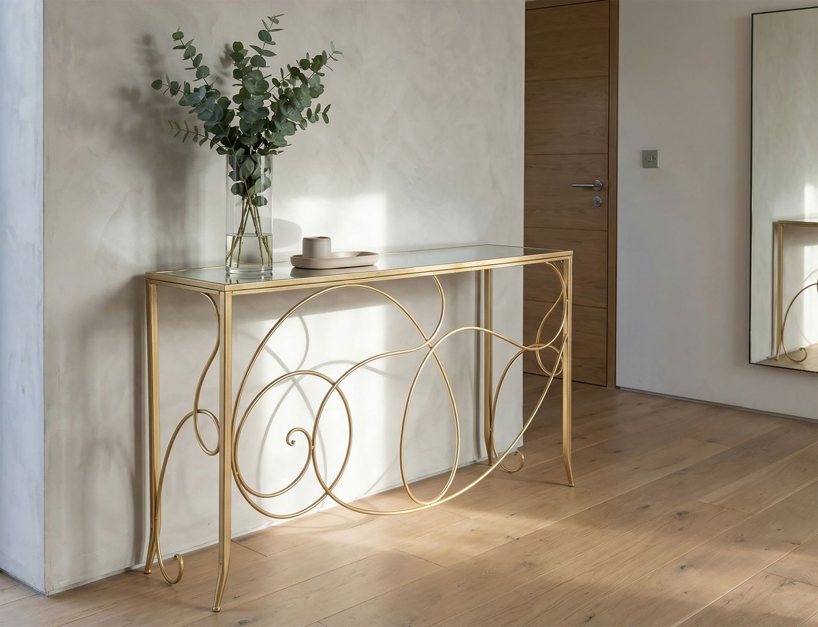 Konsole Ornella Gold Metalltisch mit Glasplatte