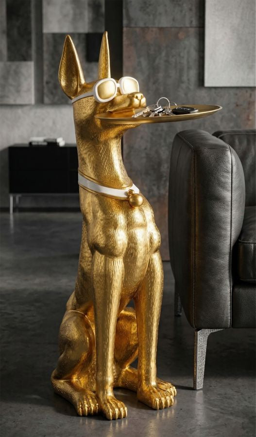 Dekofigur Hund Savoy Gold mit Tablett glamouröse Wohnfigur Höhe 91cm