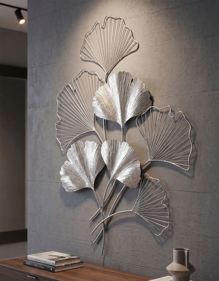 Ginkgo Silver Metall Wandobjekt Modern Glam 86 cm Wanddeko