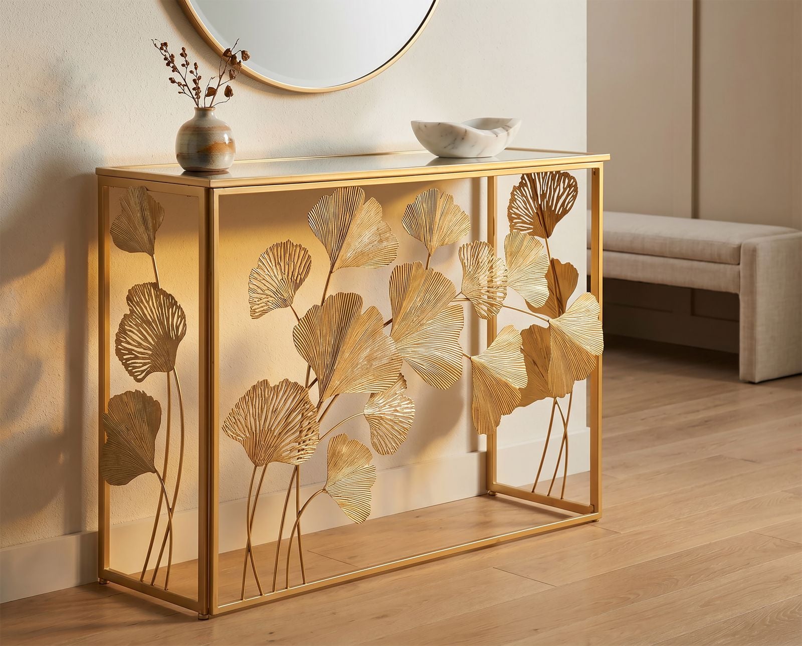 Konsole Aurelia Ginkgo Blattdesign Gold Metall Elegant