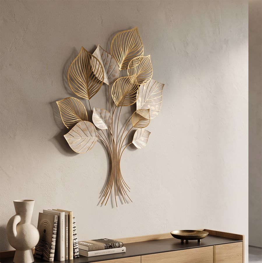 Wanddekoration Felix Blätter gold weiß 63 x 85 cm