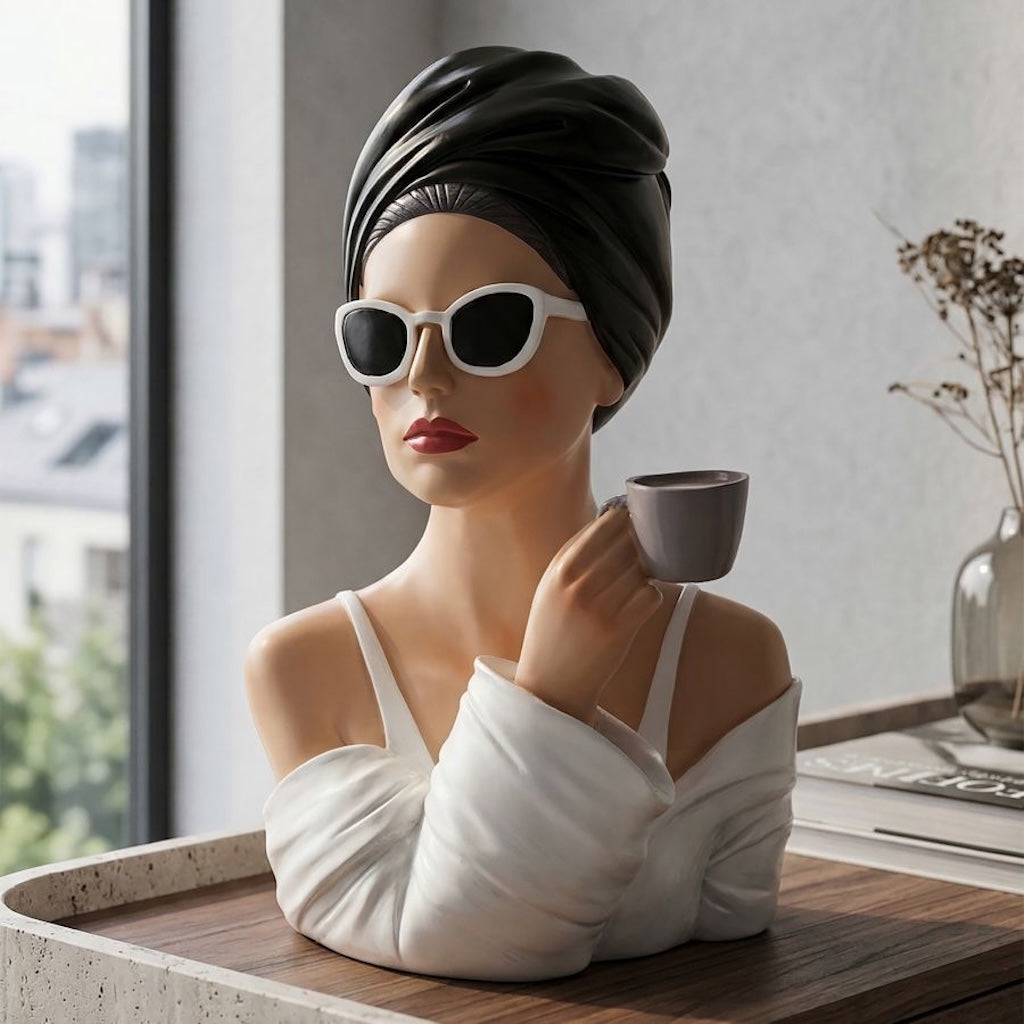 Dekofigur Lady Paris – Elegante Frauenfigur mit Tasse in Schwarz Weiß 29cm
