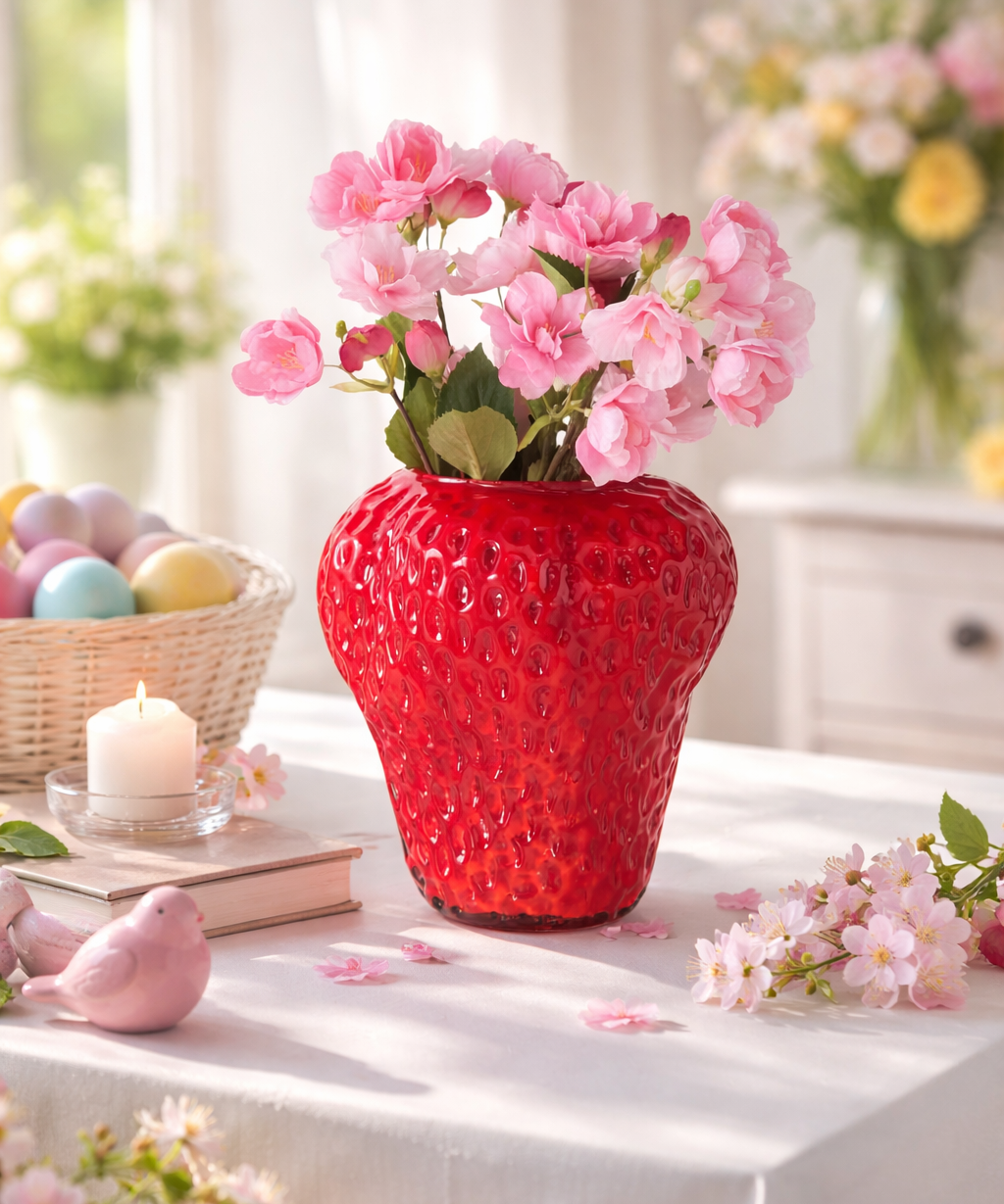 Glasvase BerryGlow Erdbeeroptik Rot Handgefertigt 20cm