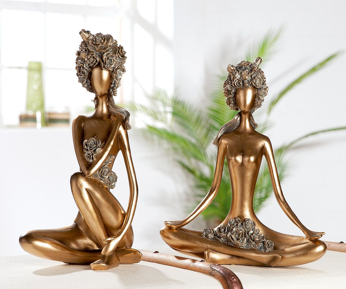 2tlg Yoga-Figur 'Rose' - Goldene Yoga-Pose mit Rosenkranz