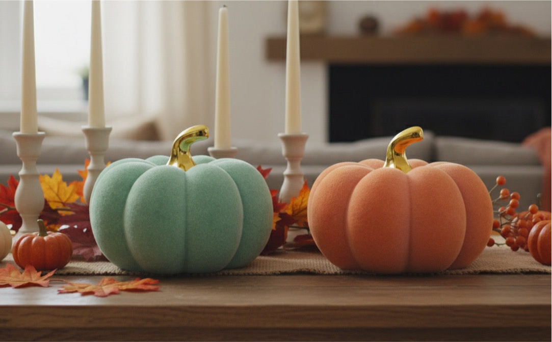 Kürbis Skulptur Cozy Colors Orange Mintgrün Samtoptik 19cm Halloween Deko Dolomit Figur