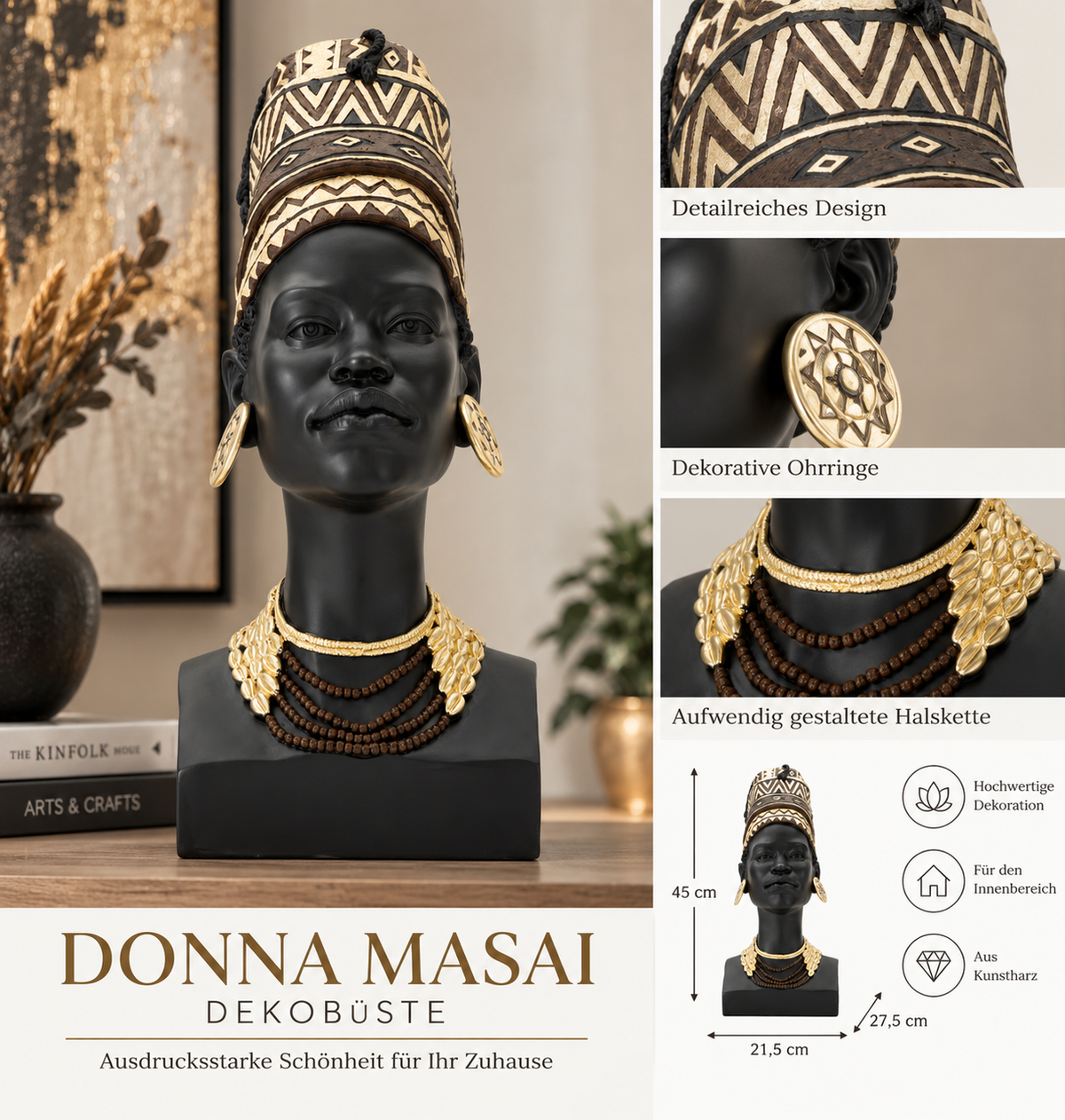 Dekobüste Donna Masai Schwarz Gold 45 cm mit Turban