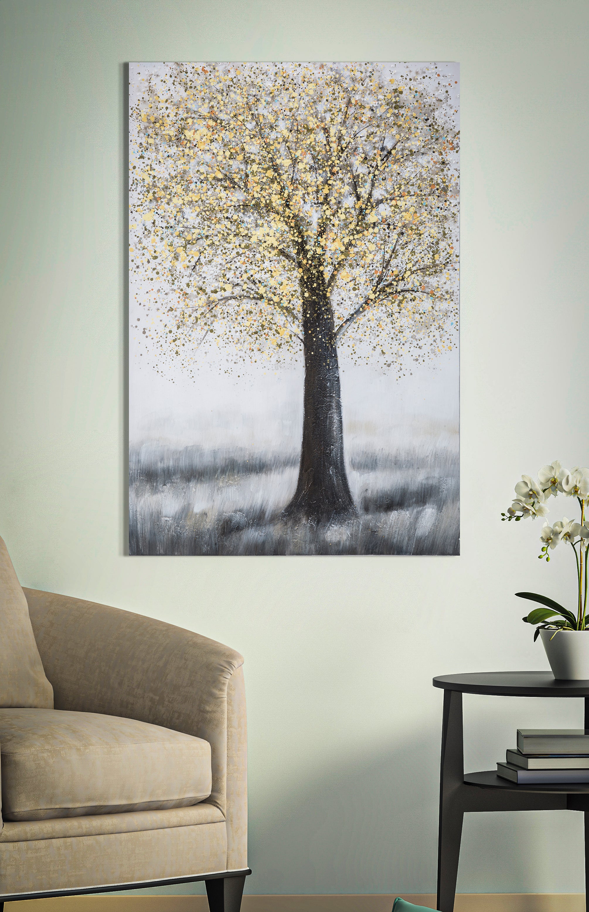Golden Silence Wandbild Baum Grau Gold 80x120 cm Leinwandbild Modern