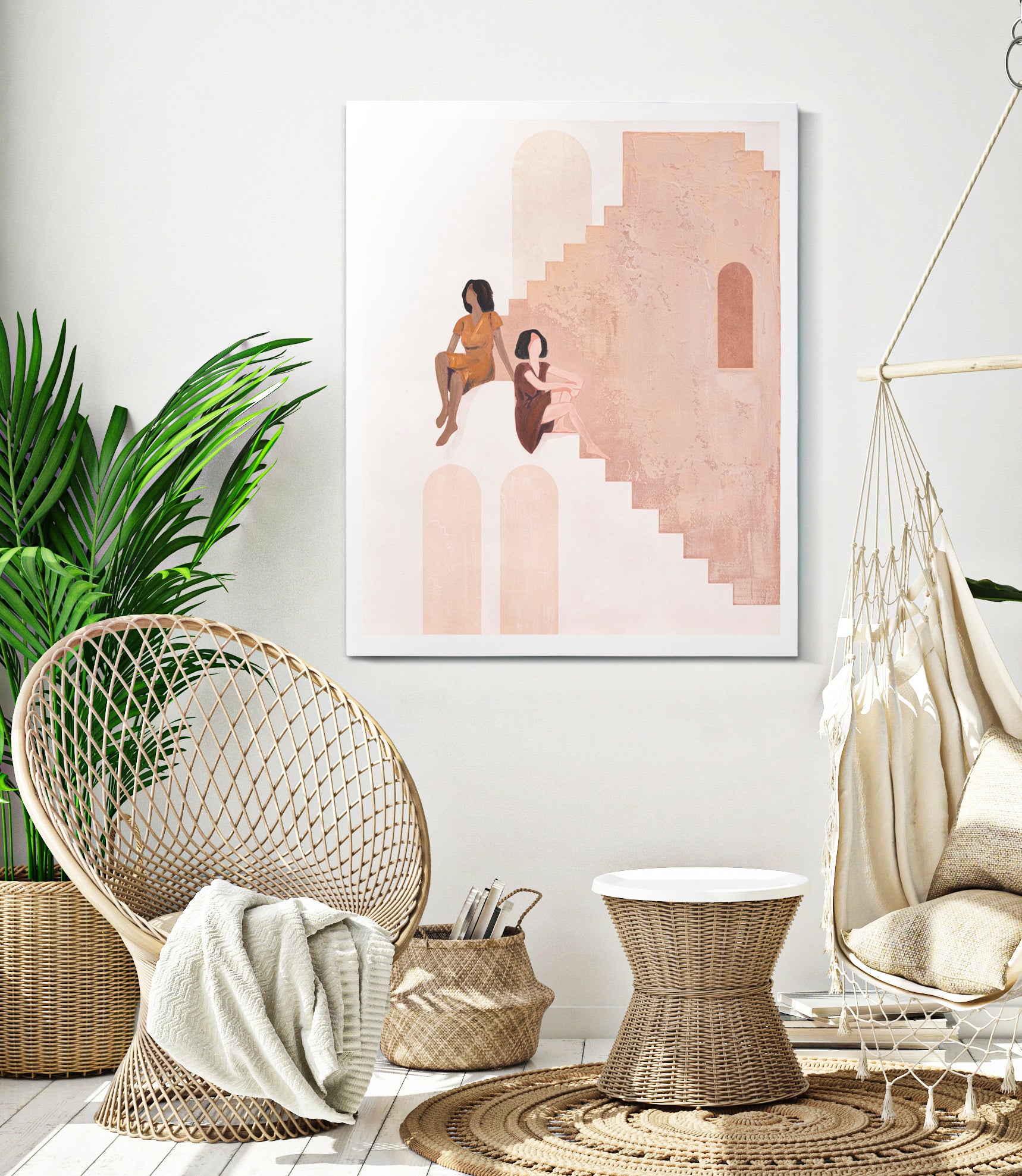 Solena Staircase Moment Wall Mural Women on Stairs Mediterranean Style 80x100 cm