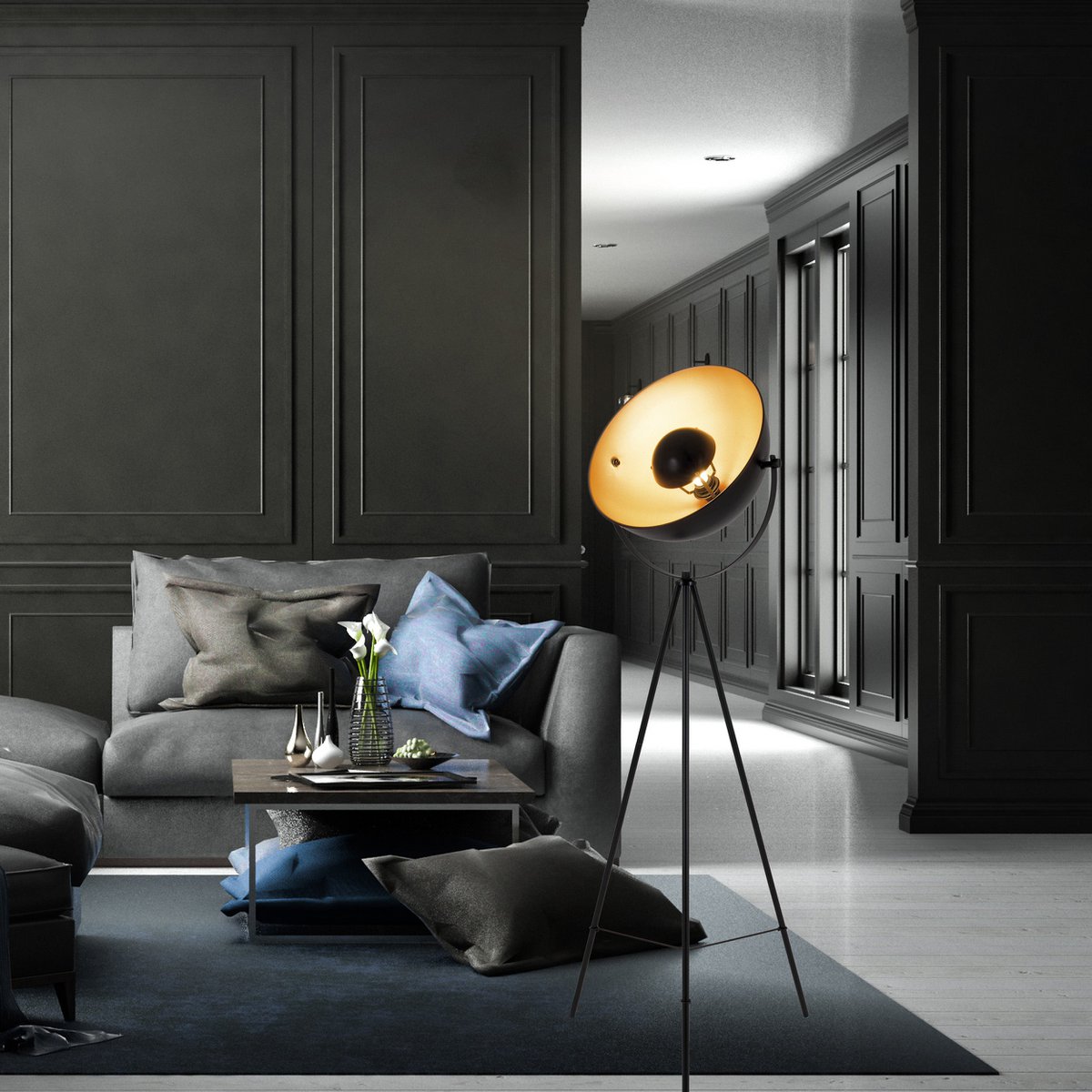 Stehleuchte Dreibein "BERNICE", Stehlampe aus Metall in Schwarz, und Gold mit E27-Fassung, Beleuchtung für Wohnzimmer, Esszimmer oder Büro