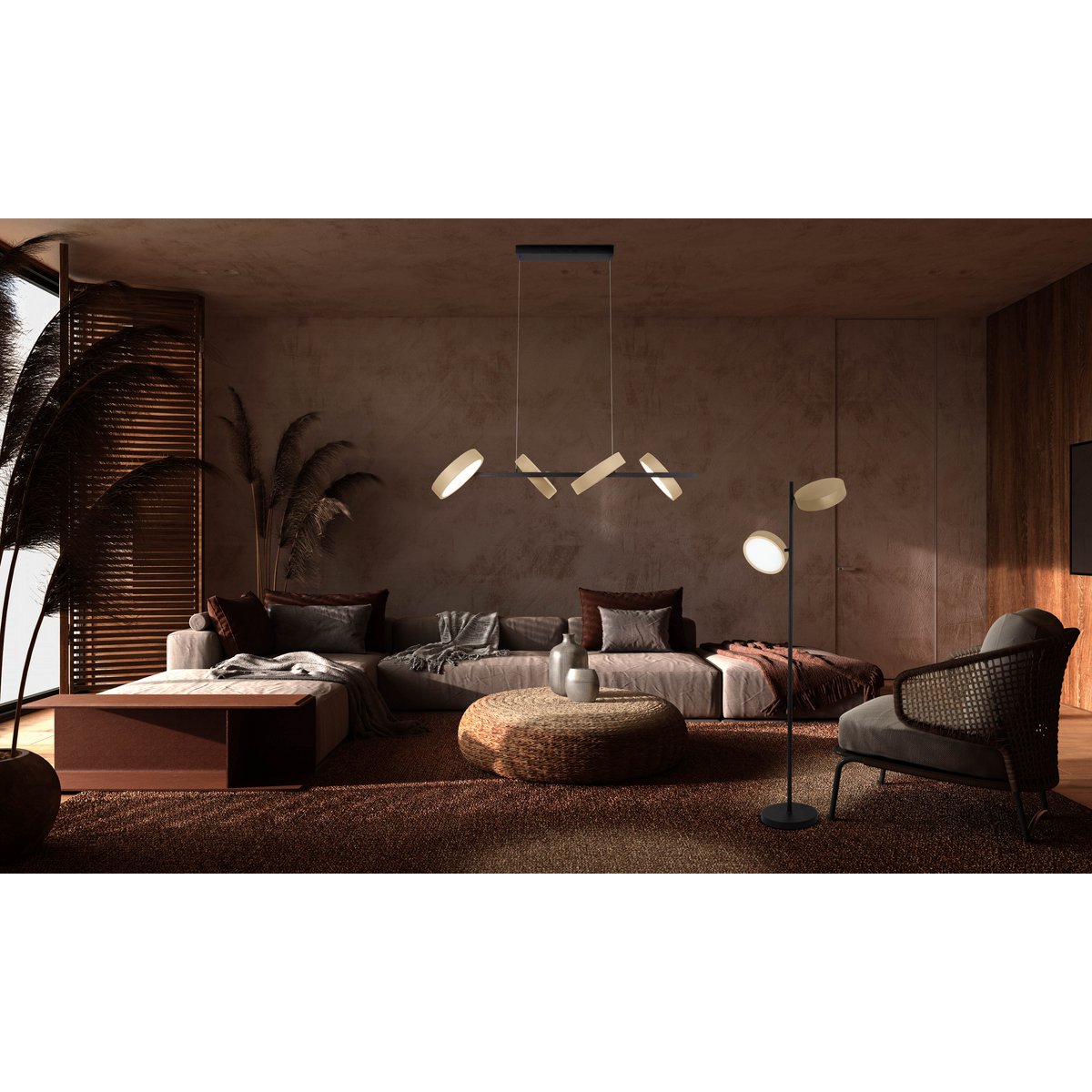 LED Pendelleuchte "TESSA" almond, 150 cm hoch, 110 cm lang, aus Metall in frosted Almond (Pantone 481 C) und Schwarz und weißem Kunststoff