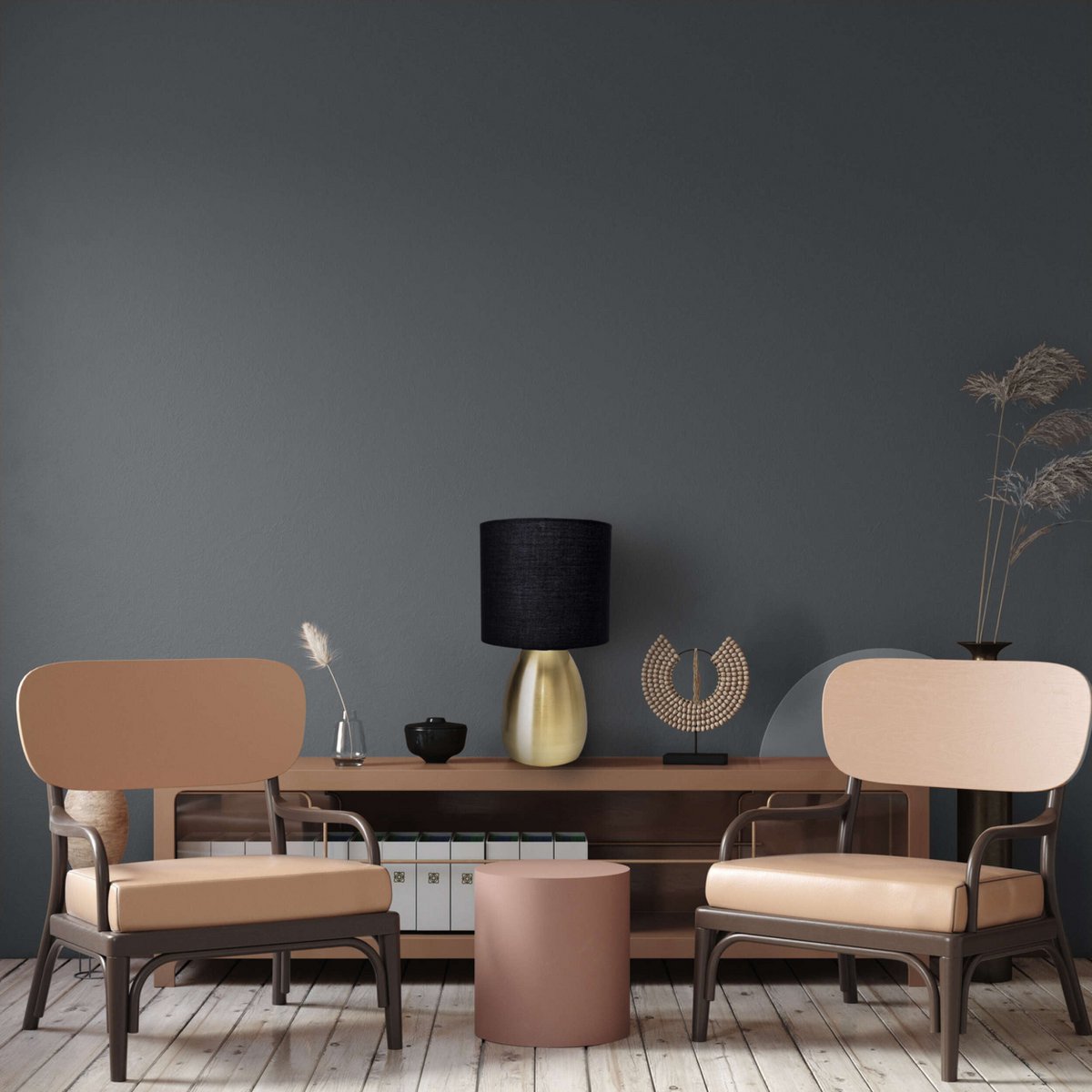 Tischleuchte "AURUM" 33 cm hoch in Gold/schwarz, aus Metall und Textil, mit E14-Fassung, Beleuchtung für Esszimmer, Wohnzimmer, Diele oder Büro