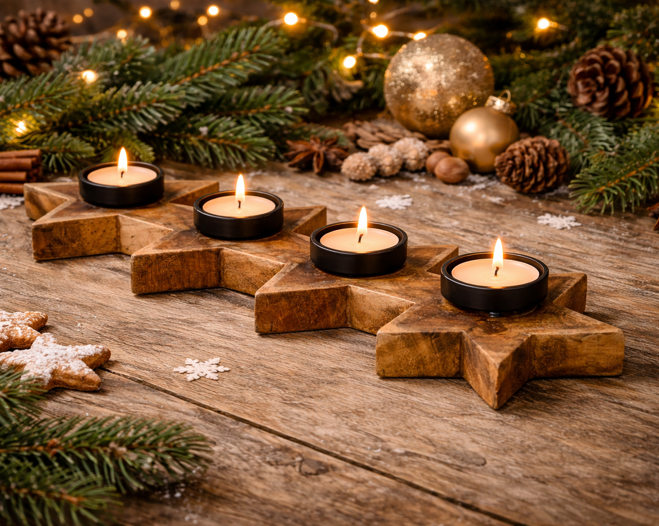 Teelichthalter Holz Asteria Stern aus Mangoholz für 4 Teelichter