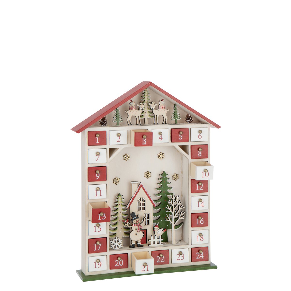 Adventskalender Haus Holz Rot Weiß mit LED Beleuchtung