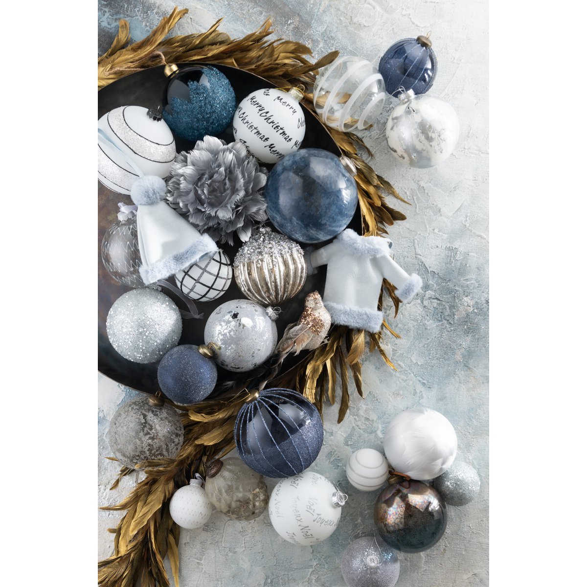 Box mit 6 Weihnachtskugeln, Marmoroptik, Glas, Weiß/Silber, klein